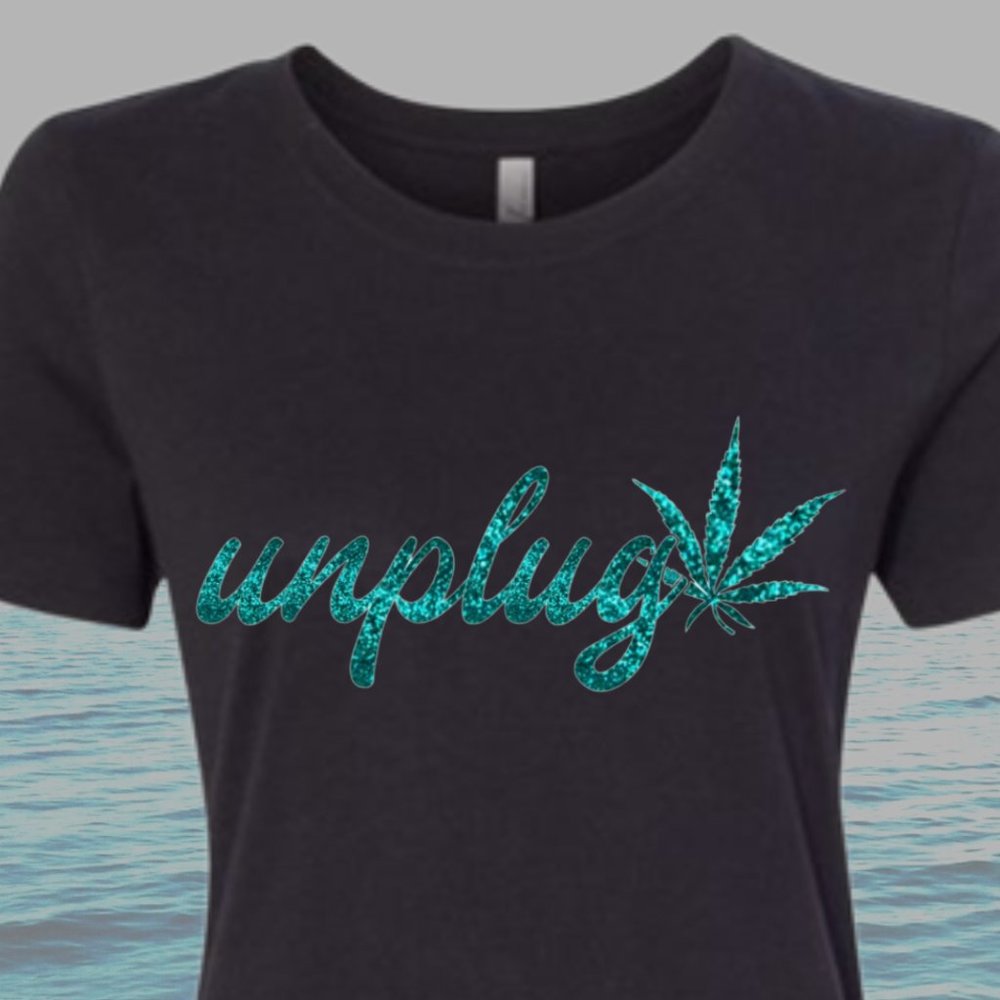 Unplug Cannabis 420 Black Softstyle T-shirt Teal Glitter Image
